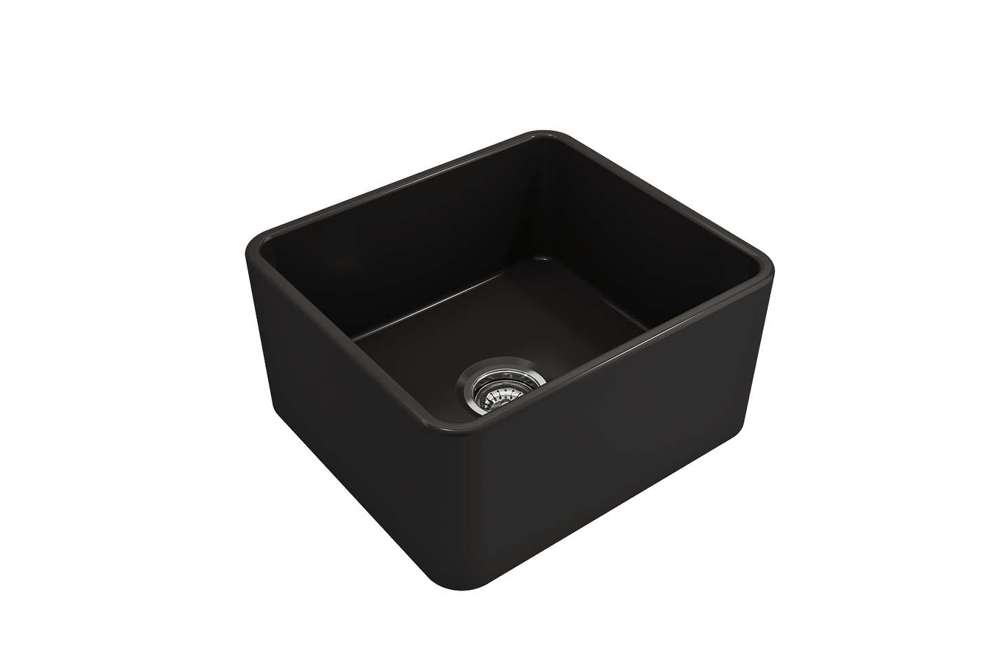 BOCCHI CLASSICO 20" Fireclay Farmhouse Single Bowl Kitchen Sink with Protective Bottom Grid and Strainer in matte black finish, top view.