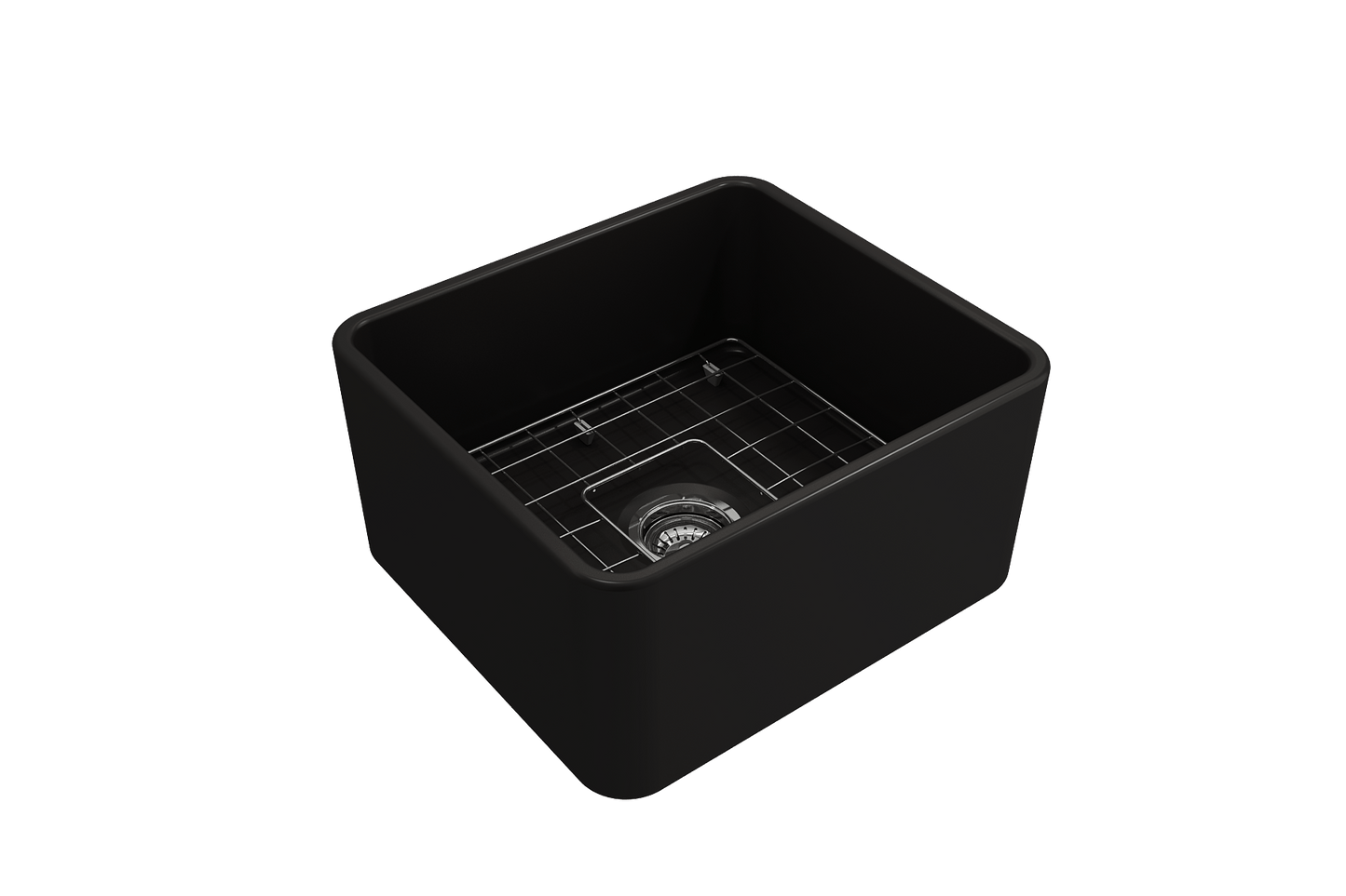 BOCCHI CLASSICO 20" Fireclay Farmhouse Single Bowl Kitchen Sink with Protective Bottom Grid and Strainer in matte black right side view.