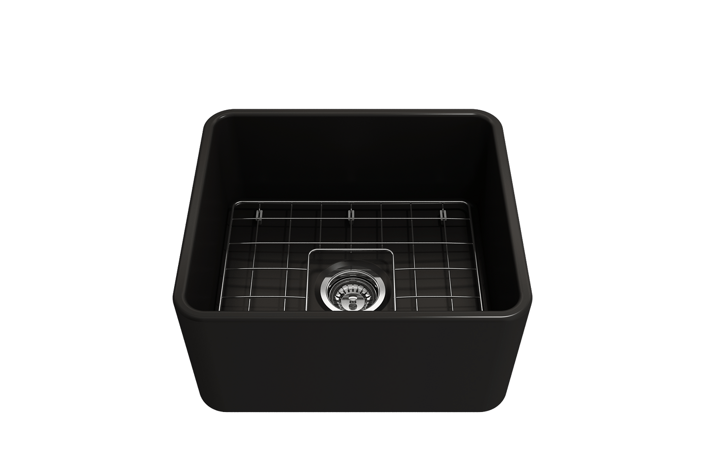 Top view of BOCCHI CLASSICO 20" Fireclay Farmhouse Single Bowl Kitchen Sink with Protective Bottom Grid and Strainer in black finish.