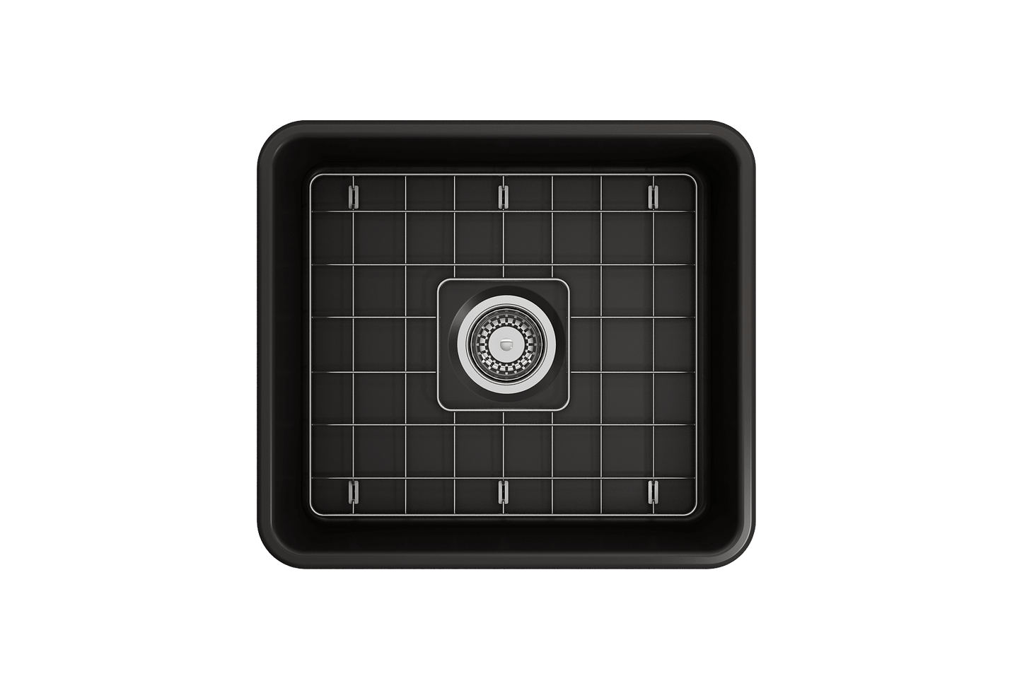 Top view of BOCCHI CLASSICO 20" Fireclay Farmhouse Single Bowl Kitchen Sink with Protective Bottom Grid and Strainer in black.