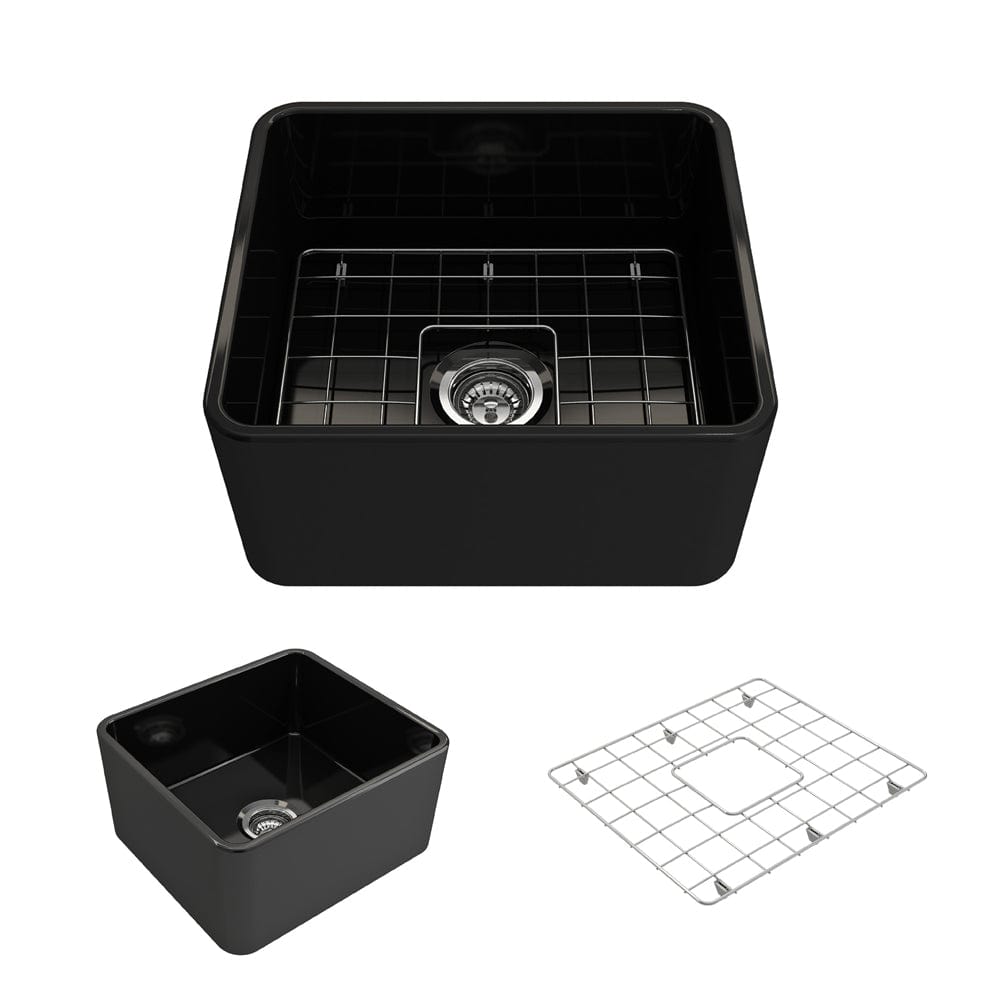 BOCCHI CLASSICO 20" Fireclay Farmhouse Single Bowl Kitchen Sink with Protective Bottom Grid and Strainer in sleek black finish.