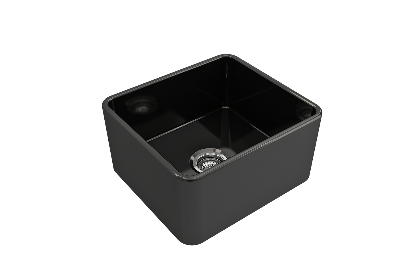 BOCCHI CLASSICO 20" Fireclay Farmhouse Single Bowl Kitchen Sink with Protective Bottom Grid and Strainer in black, top right angle view.