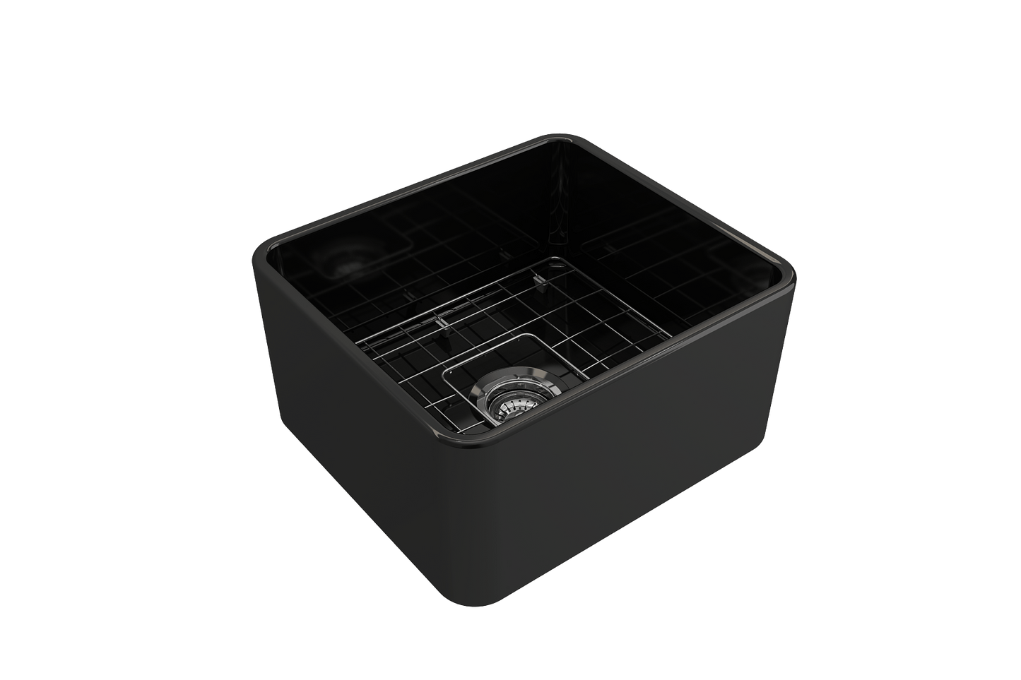 BOCCHI CLASSICO 20" Fireclay Farmhouse Single Bowl Kitchen Sink with Protective Bottom Grid and Strainer in black finish, top view.