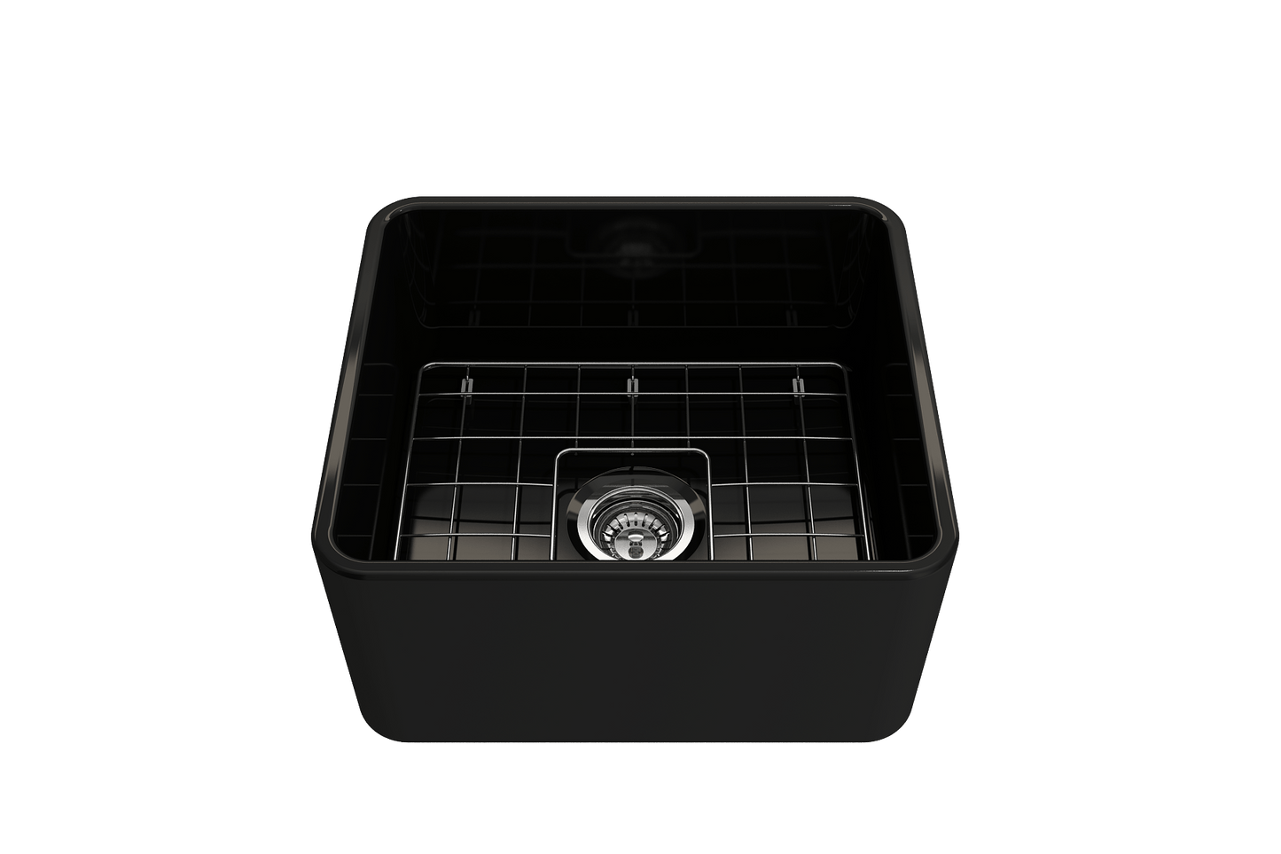 Top view of BOCCHI CLASSICO 20" Fireclay Farmhouse Single Bowl Kitchen Sink with Protective Bottom Grid and Strainer in black finish.