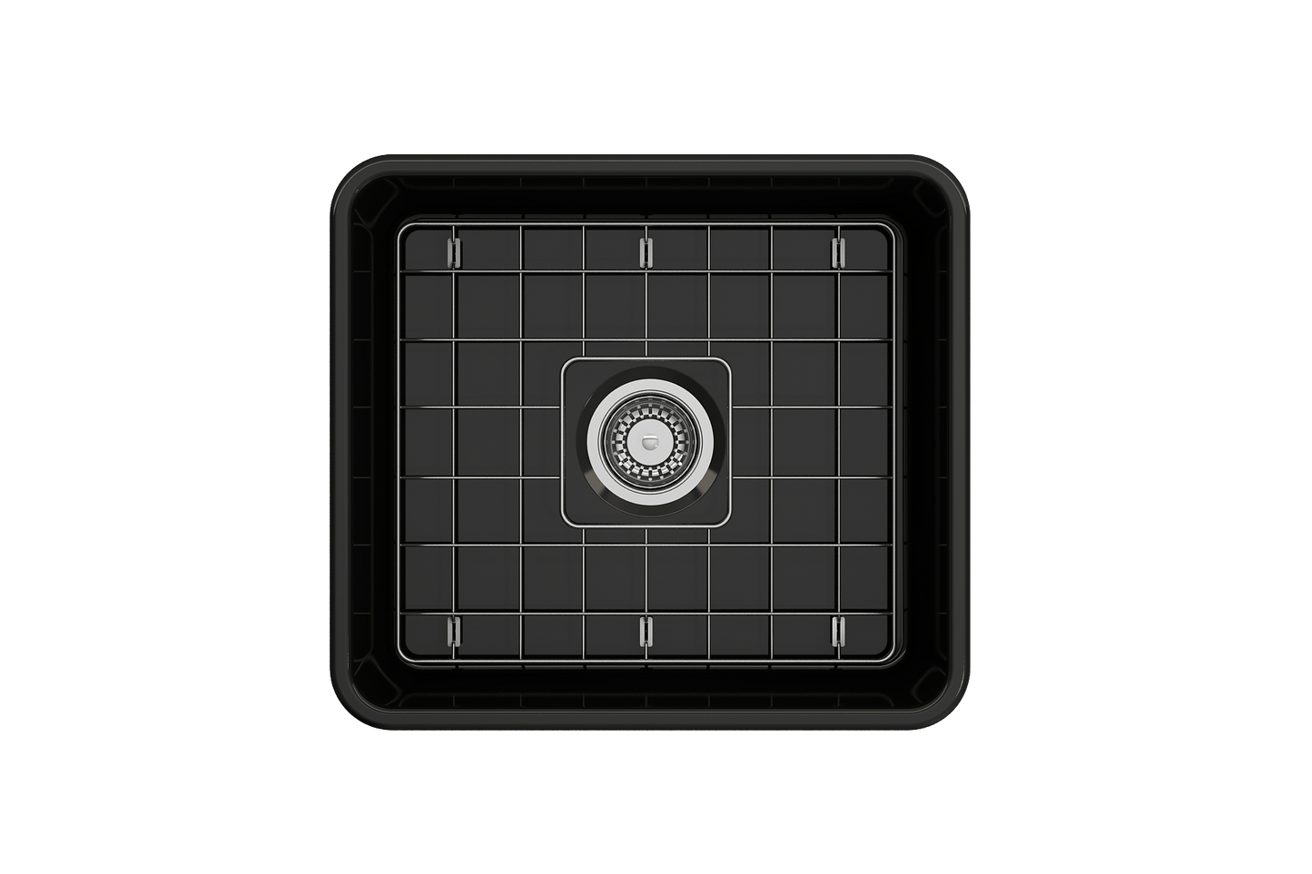 BOCCHI CLASSICO 20" Fireclay Farmhouse Single Bowl Kitchen Sink with Protective Bottom Grid and Strainer - black top view