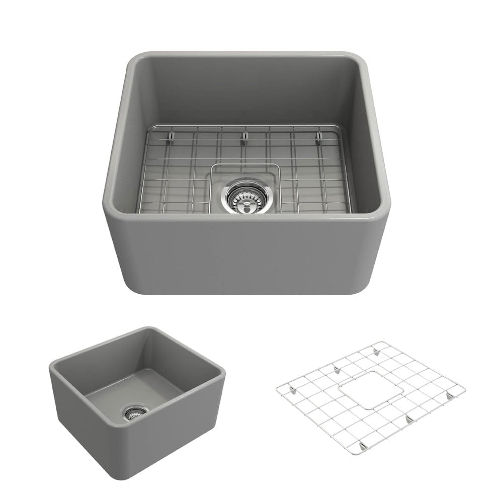 BOCCHI CLASSICO 20" Fireclay Farmhouse Single Bowl Kitchen Sink with Protective Bottom Grid and Strainer in gray finish, top view and accessories.