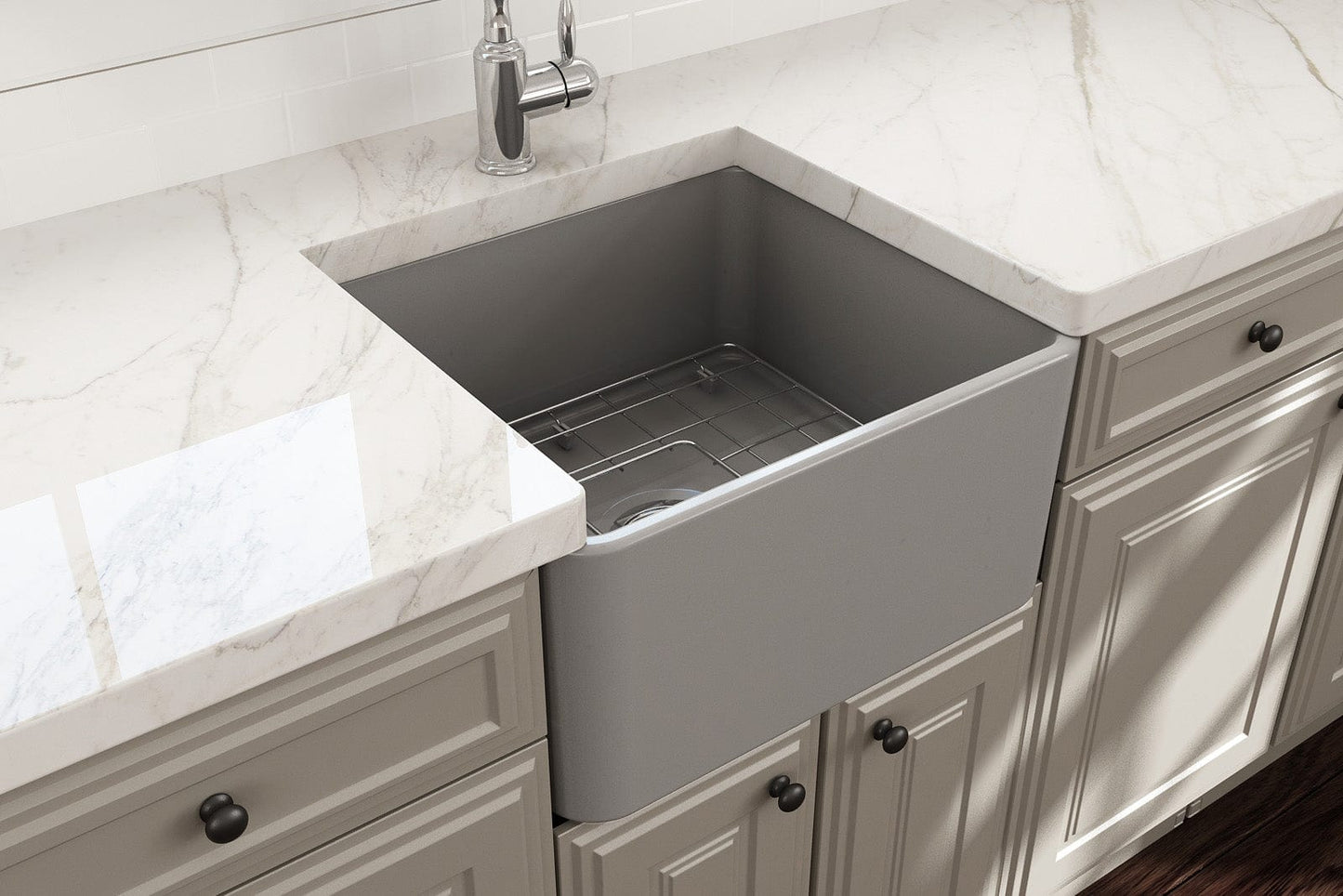 BOCCHI CLASSICO 20" Fireclay Farmhouse Single Bowl Kitchen Sink with Protective Bottom Grid and Strainer in Matte Gray, front view.