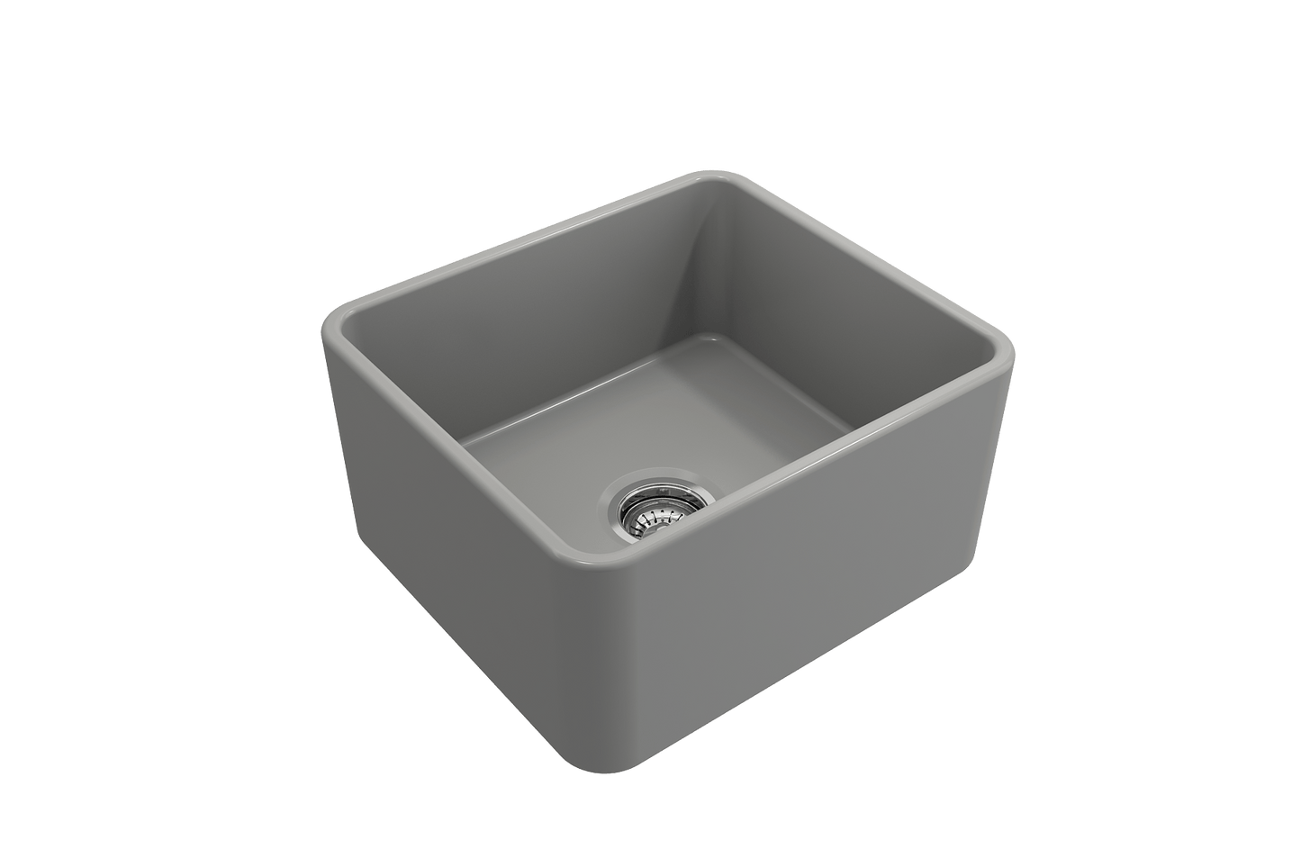 BOCCHI CLASSICO 20" Fireclay Farmhouse Single Bowl Kitchen Sink with Protective Bottom Grid and Strainer in gray right side view.
