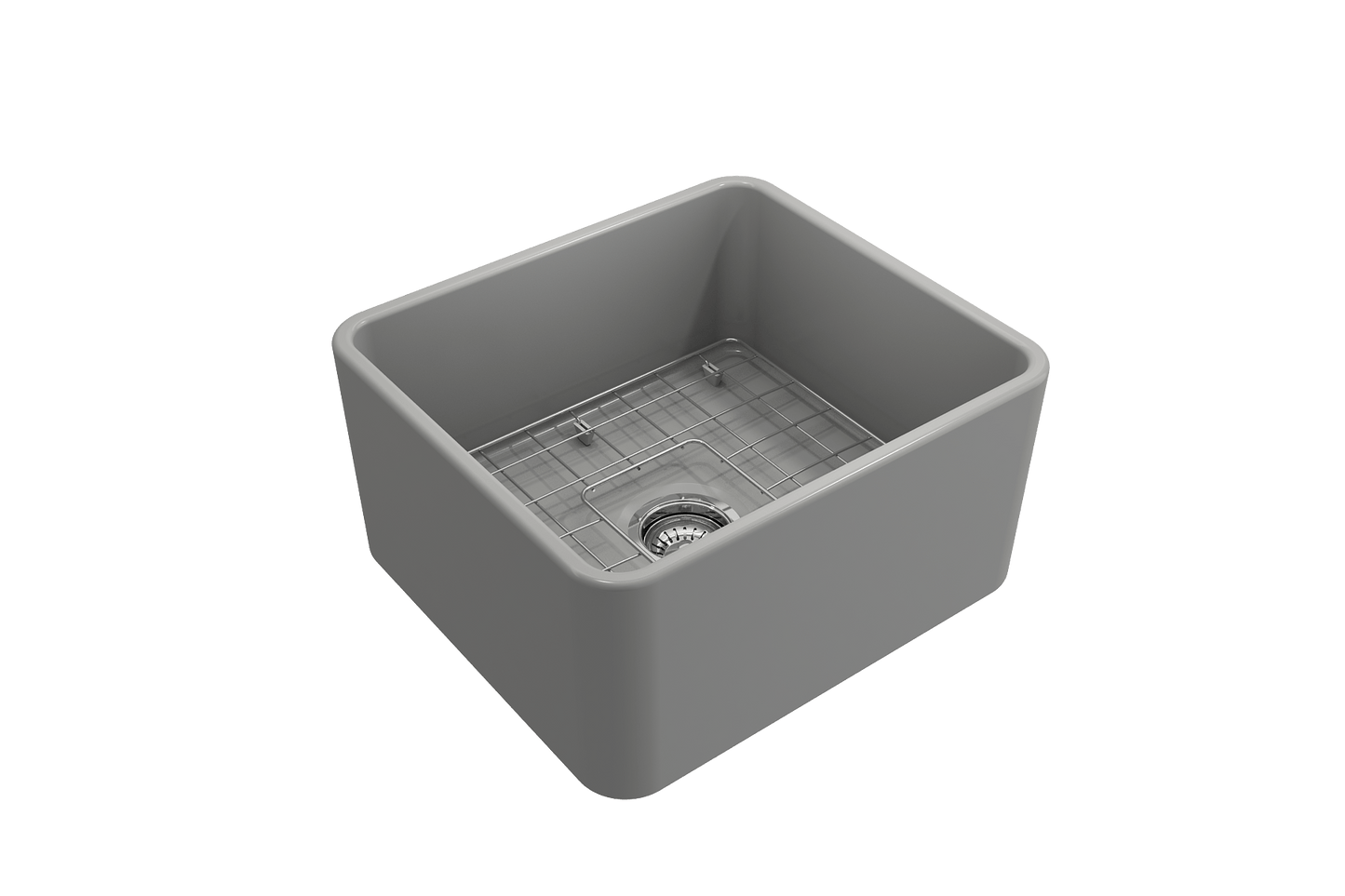 BOCCHI CLASSICO 20" Fireclay Farmhouse Single Bowl Kitchen Sink with Protective Bottom Grid and Strainer in grey angle view