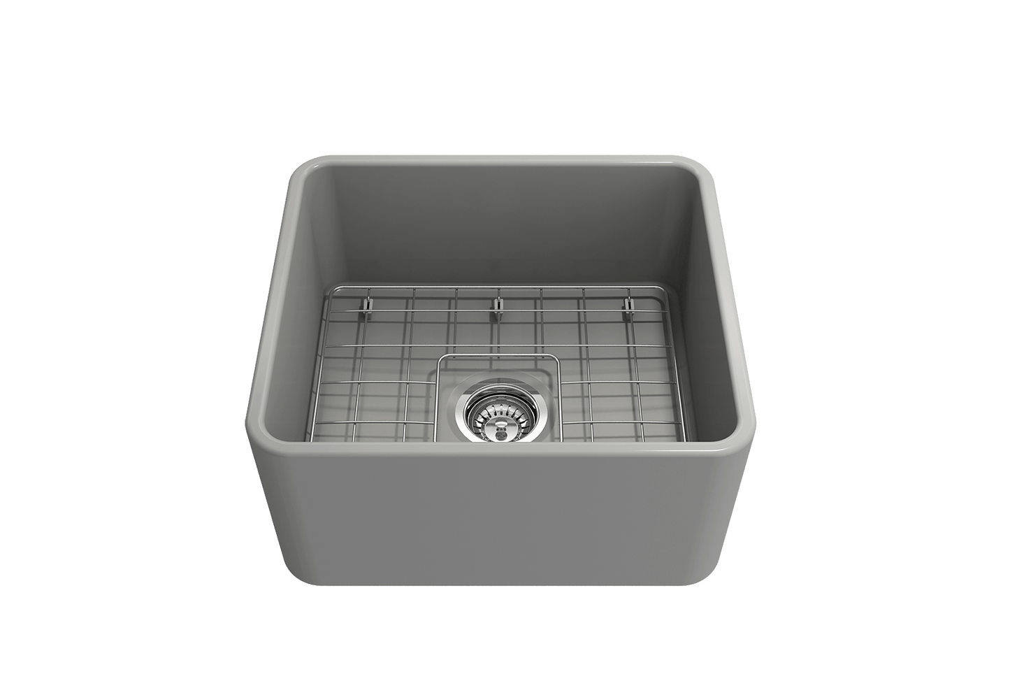 BOCCHI CLASSICO 20" Fireclay Farmhouse Single Bowl Kitchen Sink with Protective Bottom Grid and Strainer - top view, gray finish