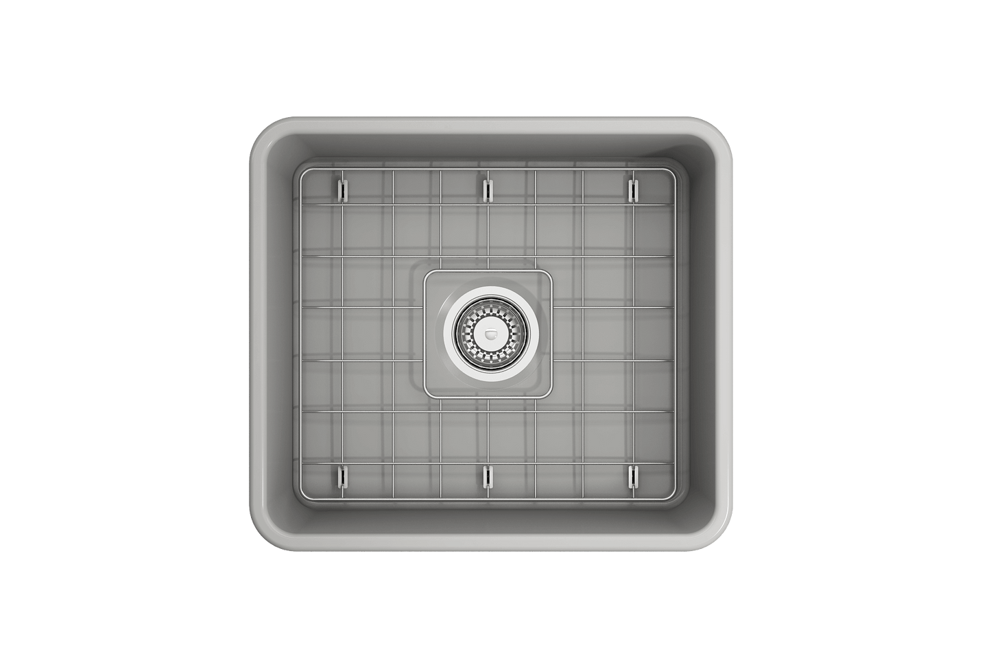 Top view of BOCCHI CLASSICO 20" Fireclay Farmhouse Single Bowl Kitchen Sink with Protective Bottom Grid and Strainer in gray.