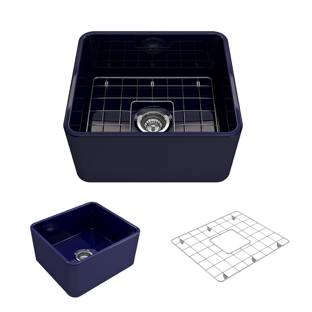 BOCCHI CLASSICO 20" Fireclay Farmhouse Single Bowl Kitchen Sink with Protective Bottom Grid and Strainer in navy blue, top view and accessories.
