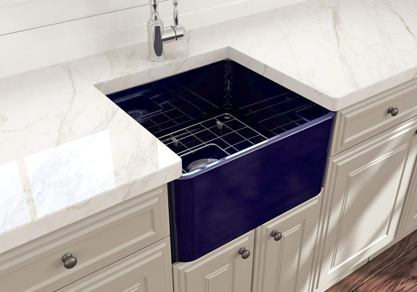 BOCCHI CLASSICO 20" Fireclay Farmhouse Single Bowl Kitchen Sink with Protective Bottom Grid and Strainer in Sapphire Blue, top view layout.