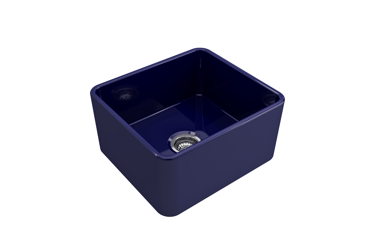 Right side view of BOCCHI CLASSICO 20" Fireclay Farmhouse Single Bowl Kitchen Sink with Protective Bottom Grid and Strainer in navy.
