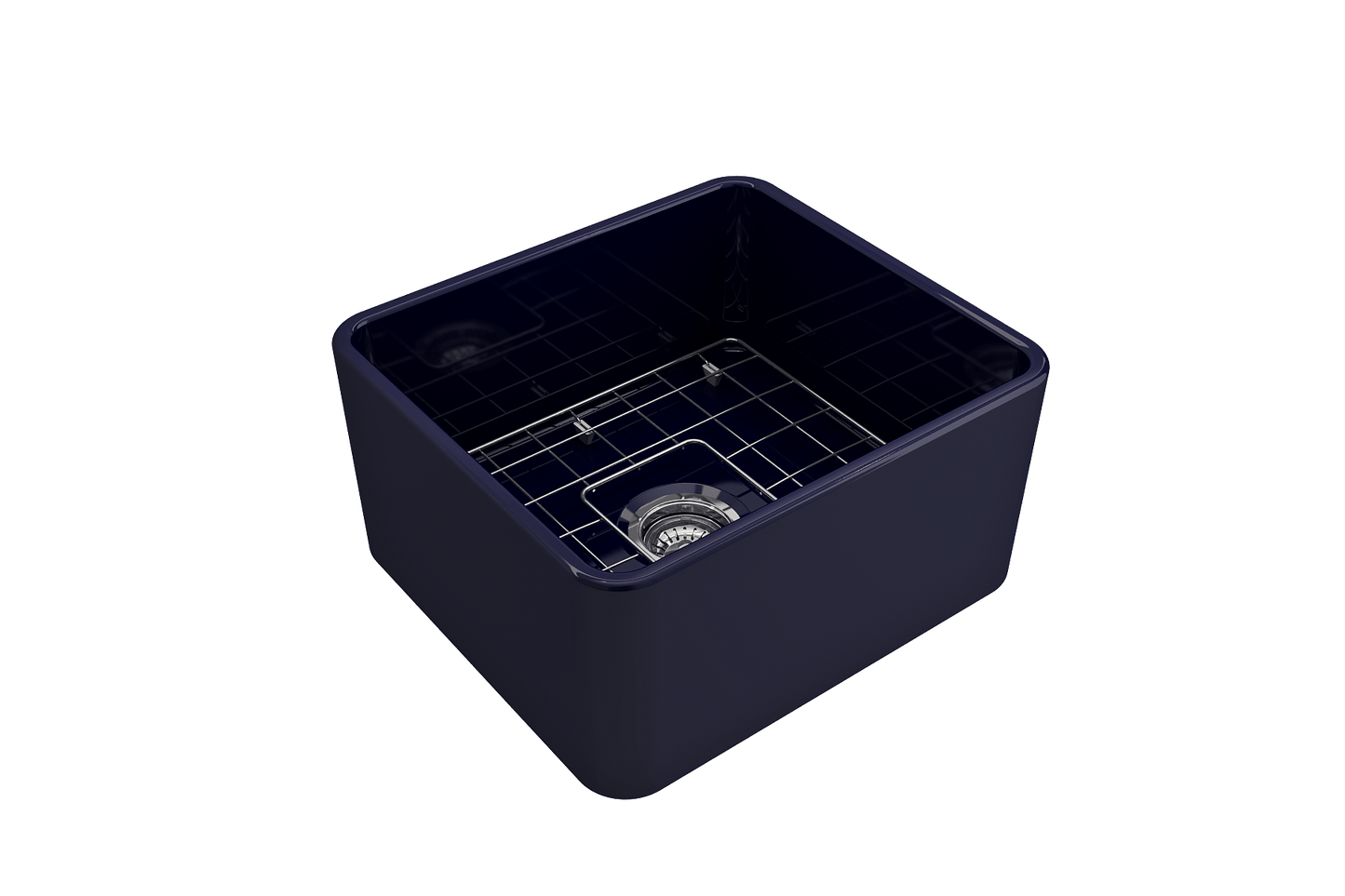 BOCCHI CLASSICO 20" Fireclay Farmhouse Single Bowl Kitchen Sink with Protective Bottom Grid and Strainer - Right side view, navy color.