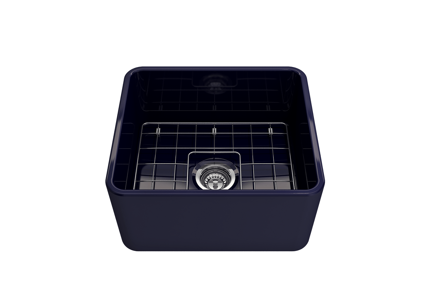 Top view of BOCCHI CLASSICO 20" Fireclay Farmhouse Single Bowl Kitchen Sink with Protective Bottom Grid and Strainer in navy color.