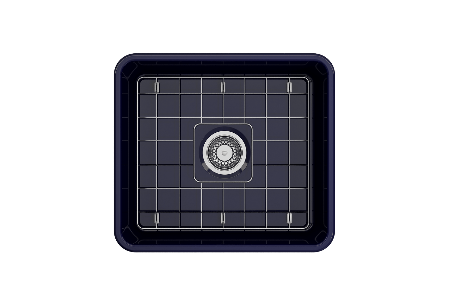 BOCCHI CLASSICO 20" Fireclay Farmhouse Single Bowl Kitchen Sink with Protective Bottom Grid and Strainer, top view in dark finish.
