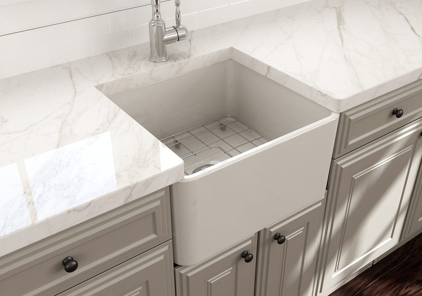 Top view of BOCCHI CLASSICO 20" Fireclay Farmhouse Single Bowl Kitchen Sink with Protective Bottom Grid and Strainer in biscuit color.