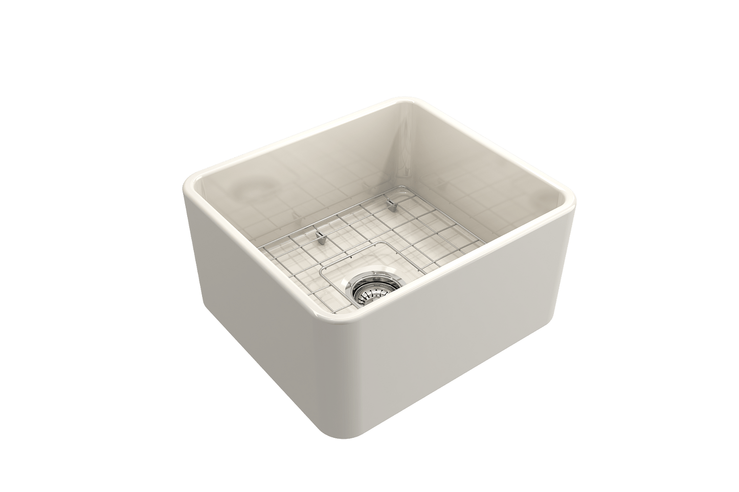 BOCCHI CLASSICO 20" Fireclay Farmhouse Single Bowl Kitchen Sink with Protective Bottom Grid and Strainer, front view.