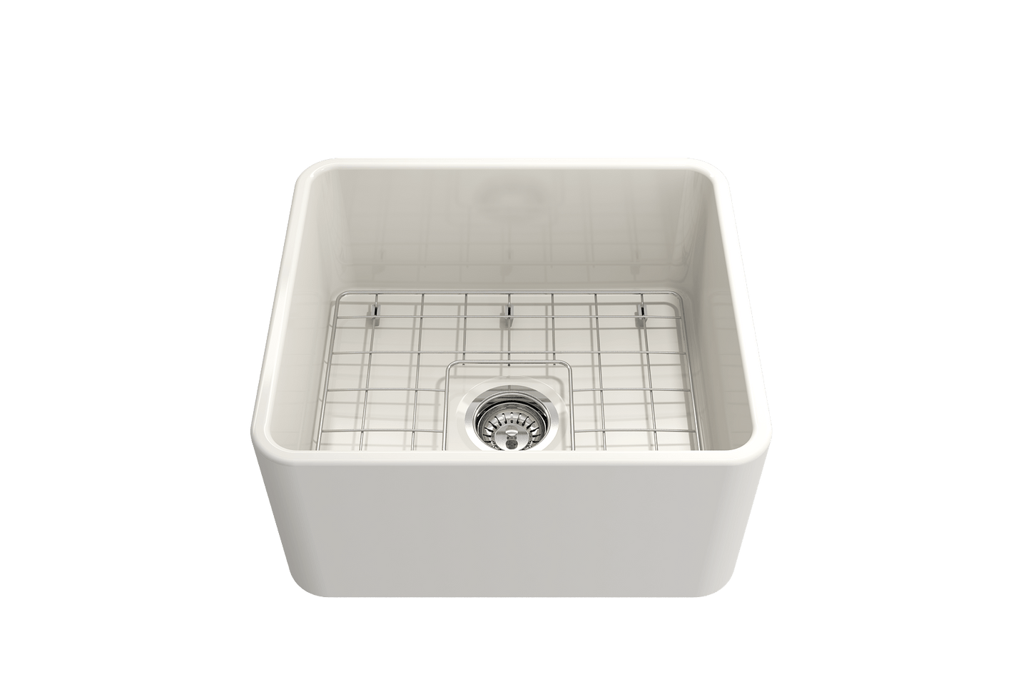 BOCCHI CLASSICO 20" Fireclay Farmhouse Single Bowl Kitchen Sink with Protective Bottom Grid and Strainer top view in white.