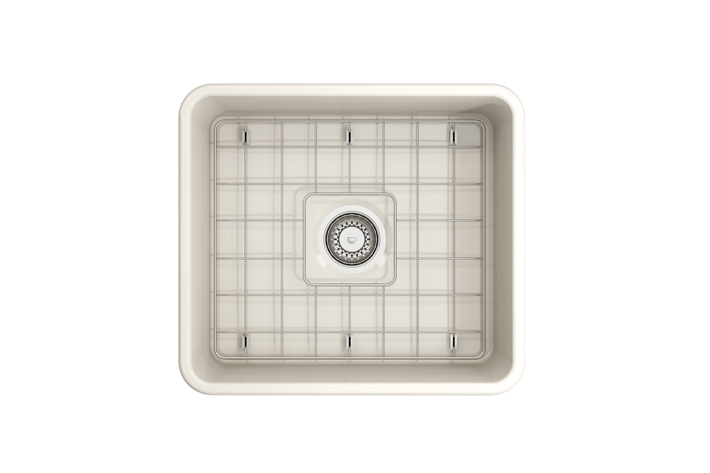 Top view of BOCCHI CLASSICO 20" Fireclay Farmhouse Single Bowl Kitchen Sink with Protective Bottom Grid and Strainer in cream finish.
