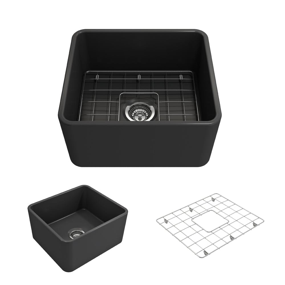 BOCCHI CLASSICO 20" Fireclay Farmhouse Single Bowl Kitchen Sink with Protective Bottom Grid and Strainer in black finish, top view.