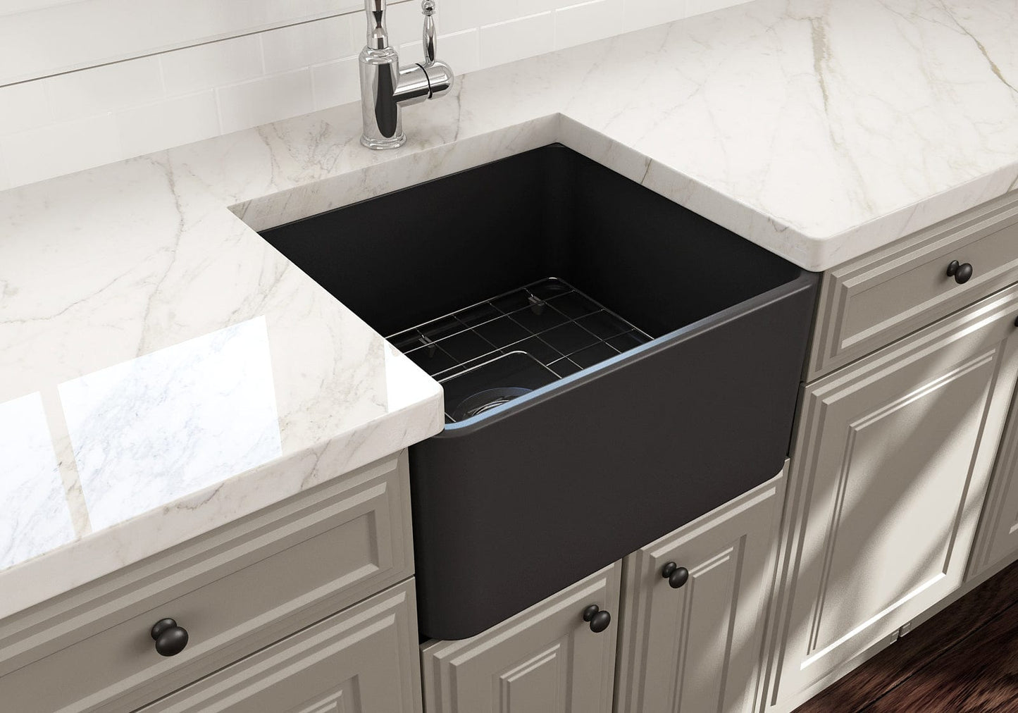 BOCCHI CLASSICO 20" Fireclay Farmhouse Single Bowl Kitchen Sink with Protective Bottom Grid and Strainer right side view in matte dark gray.