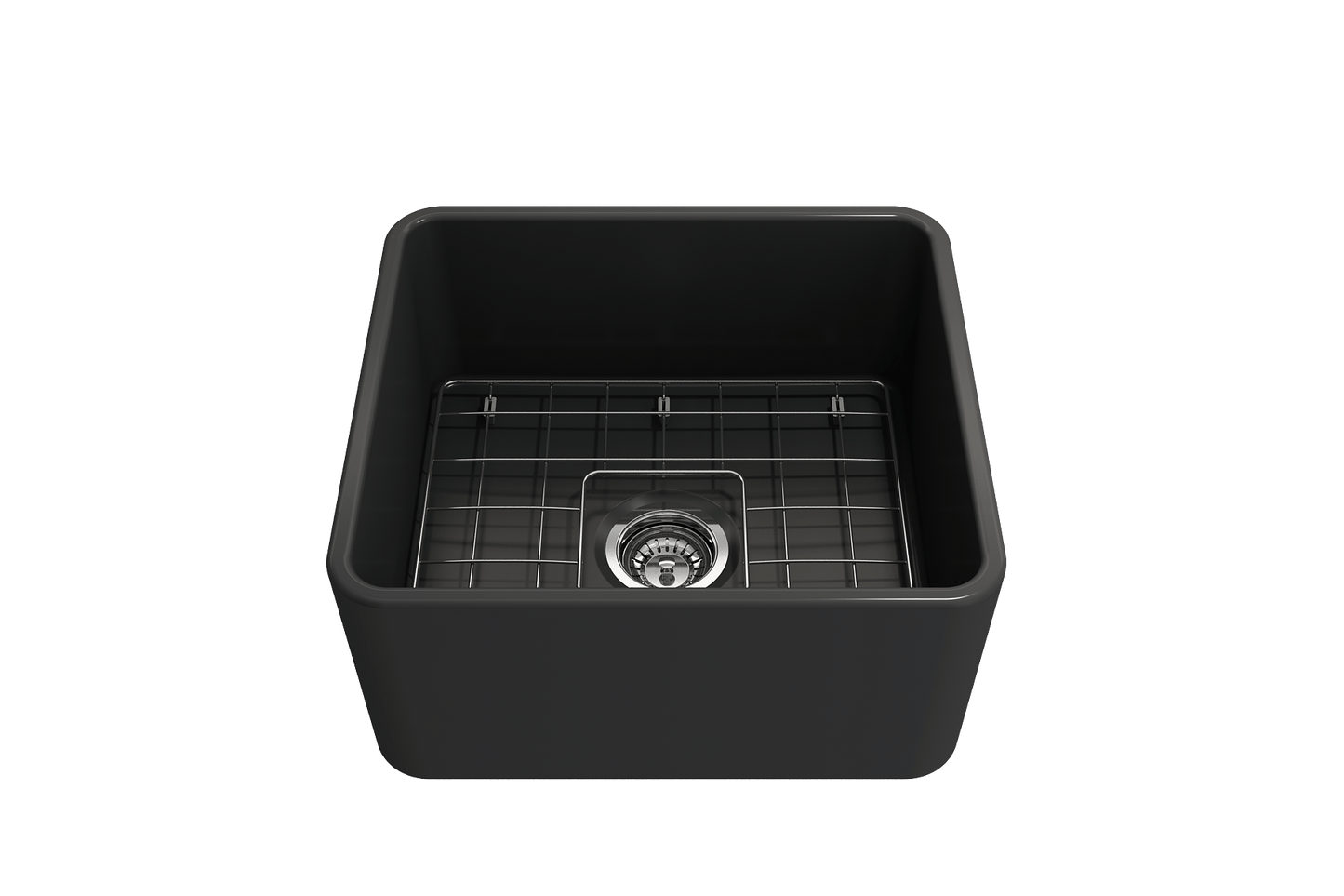 Top view of BOCCHI CLASSICO 20" Fireclay Farmhouse Single Bowl Kitchen Sink with Protective Bottom Grid and Strainer in black.