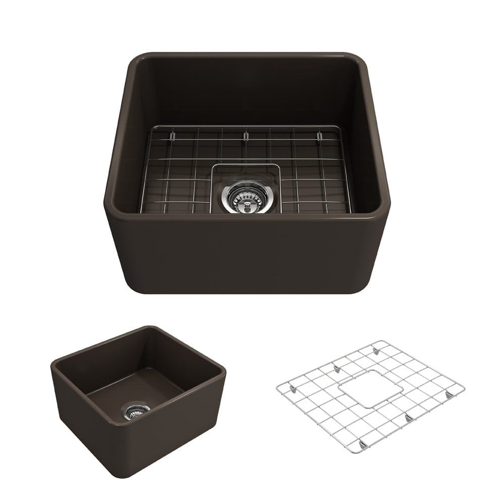 BOCCHI CLASSICO 20" Fireclay Farmhouse Single Bowl Kitchen Sink with Protective Bottom Grid and Strainer in dark brown with grid
