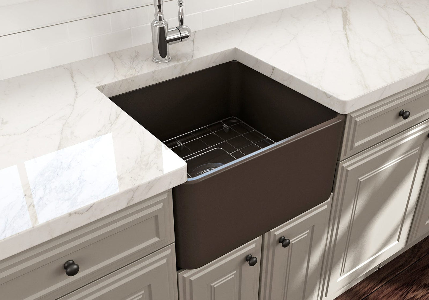 View of BOCCHI CLASSICO 20" Fireclay Farmhouse Single Bowl Kitchen Sink with Protective Bottom Grid and Strainer in Matte Brown.