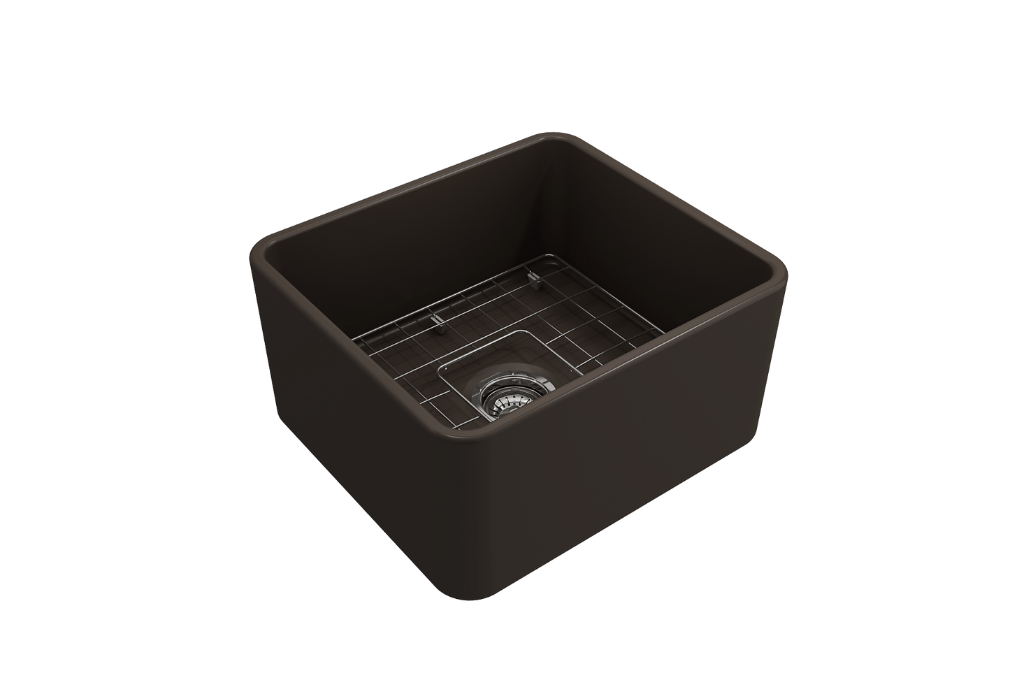 BOCCHI CLASSICO 20" Fireclay Farmhouse Single Bowl Kitchen Sink with Protective Bottom Grid and Strainer in dark finish, top right view