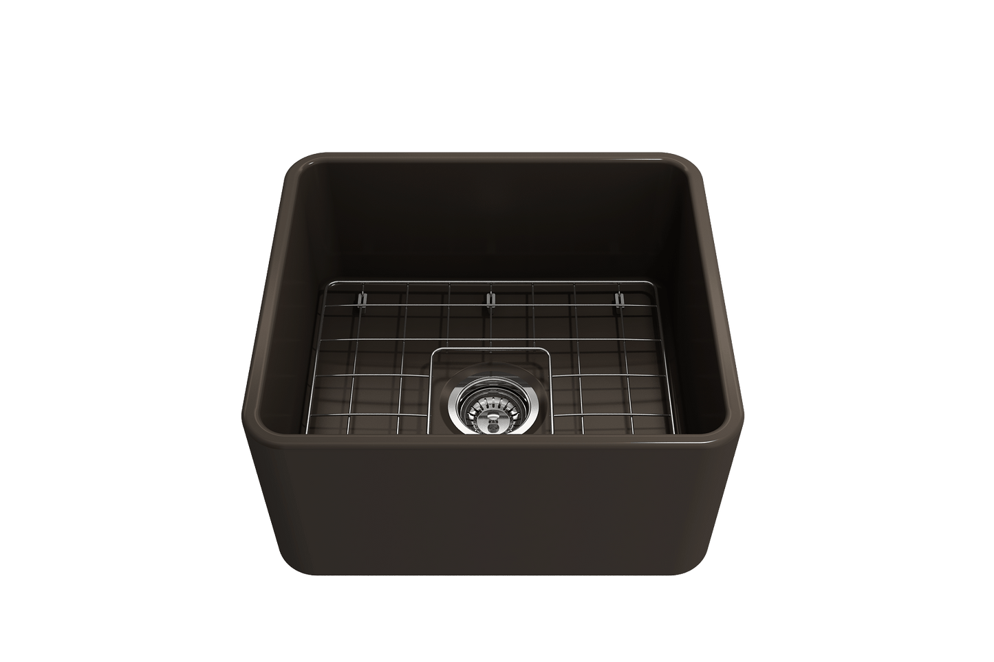 BOCCHI CLASSICO 20" Fireclay Farmhouse Single Bowl Kitchen Sink with Protective Bottom Grid and Strainer, top view in dark finish.