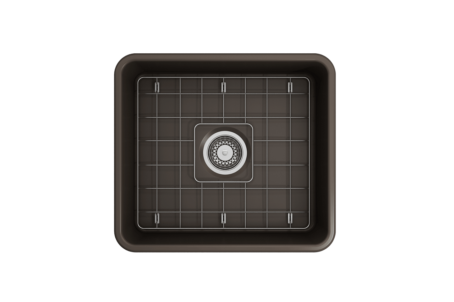 Top view of BOCCHI CLASSICO 20" Fireclay Farmhouse Single Bowl Kitchen Sink with Protective Bottom Grid and Strainer in brown finish.