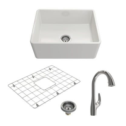 BOCCHI CLASSICO 24" Fireclay Farmhouse Sink Kit with Grid, Strainer & Pagano Faucet - White sink with stainless steel faucet.