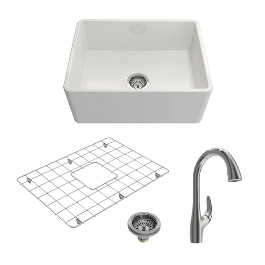 BOCCHI CLASSICO 24" Fireclay Farmhouse Sink Kit with Grid, Strainer & Pagano Faucet - White sink with stainless steel faucet.