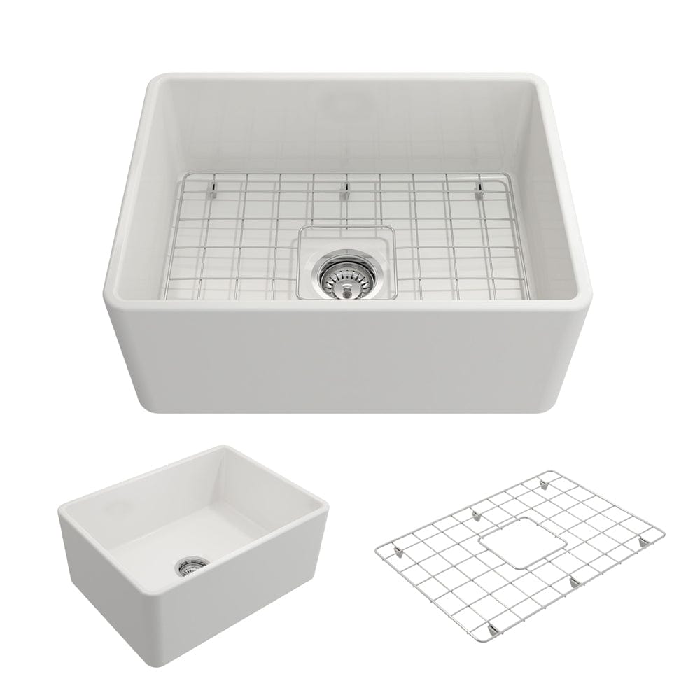 BOCCHI CLASSICO 24" Fireclay Farmhouse Single Bowl Kitchen Sink with protective bottom grid and strainer