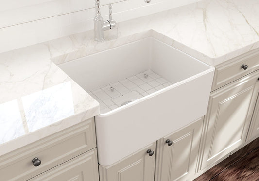 BOCCHI Classico 24" Fireclay Farmhouse Apron Single Bowl Kitchen Sink installed in a modern kitchen.