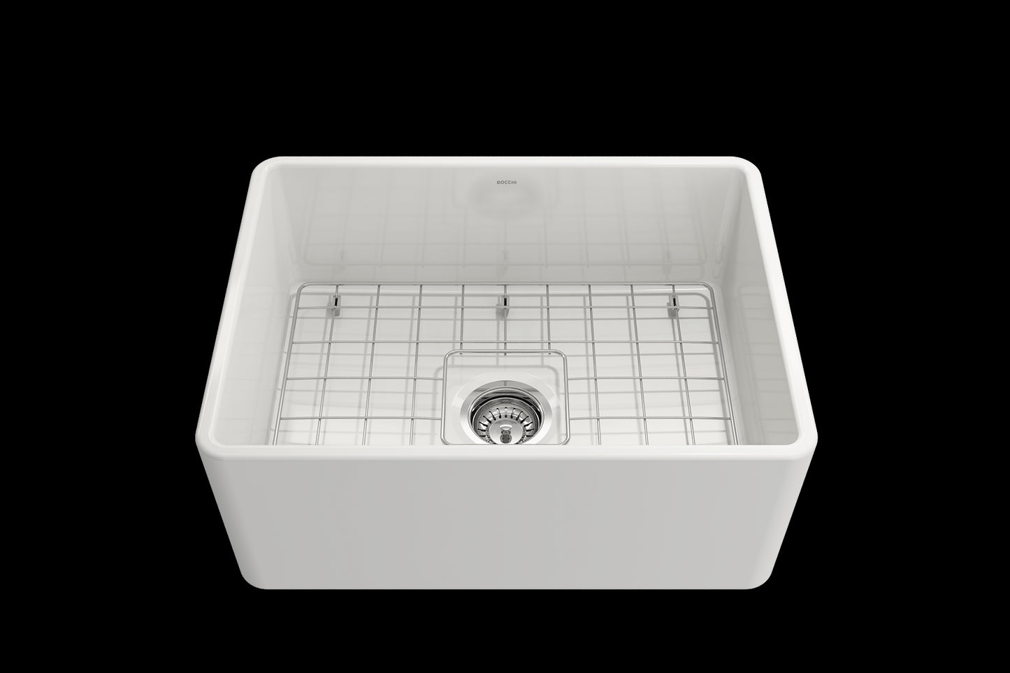 BOCCHI CLASSICO 24" Fireclay Farmhouse Single Bowl Kitchen Sink with protective bottom grid and strainer