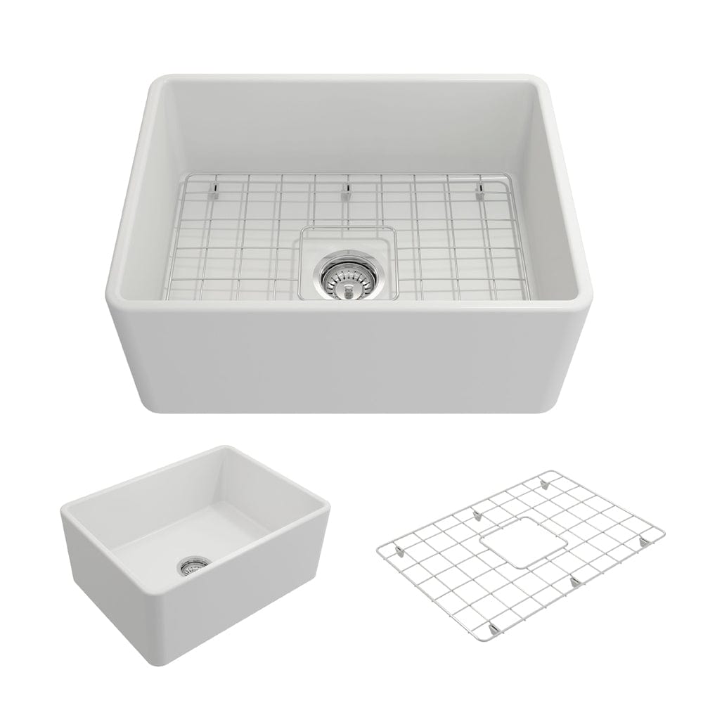 BOCCHI CLASSICO 24" Fireclay Farmhouse Single Bowl Kitchen Sink with protective bottom grid and strainer