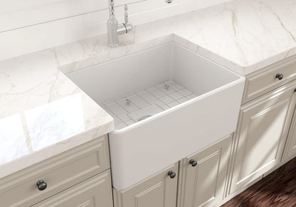 BOCCHI Classico 24" Fireclay Farmhouse Apron Single Bowl Kitchen Sink installed in a modern kitchen.