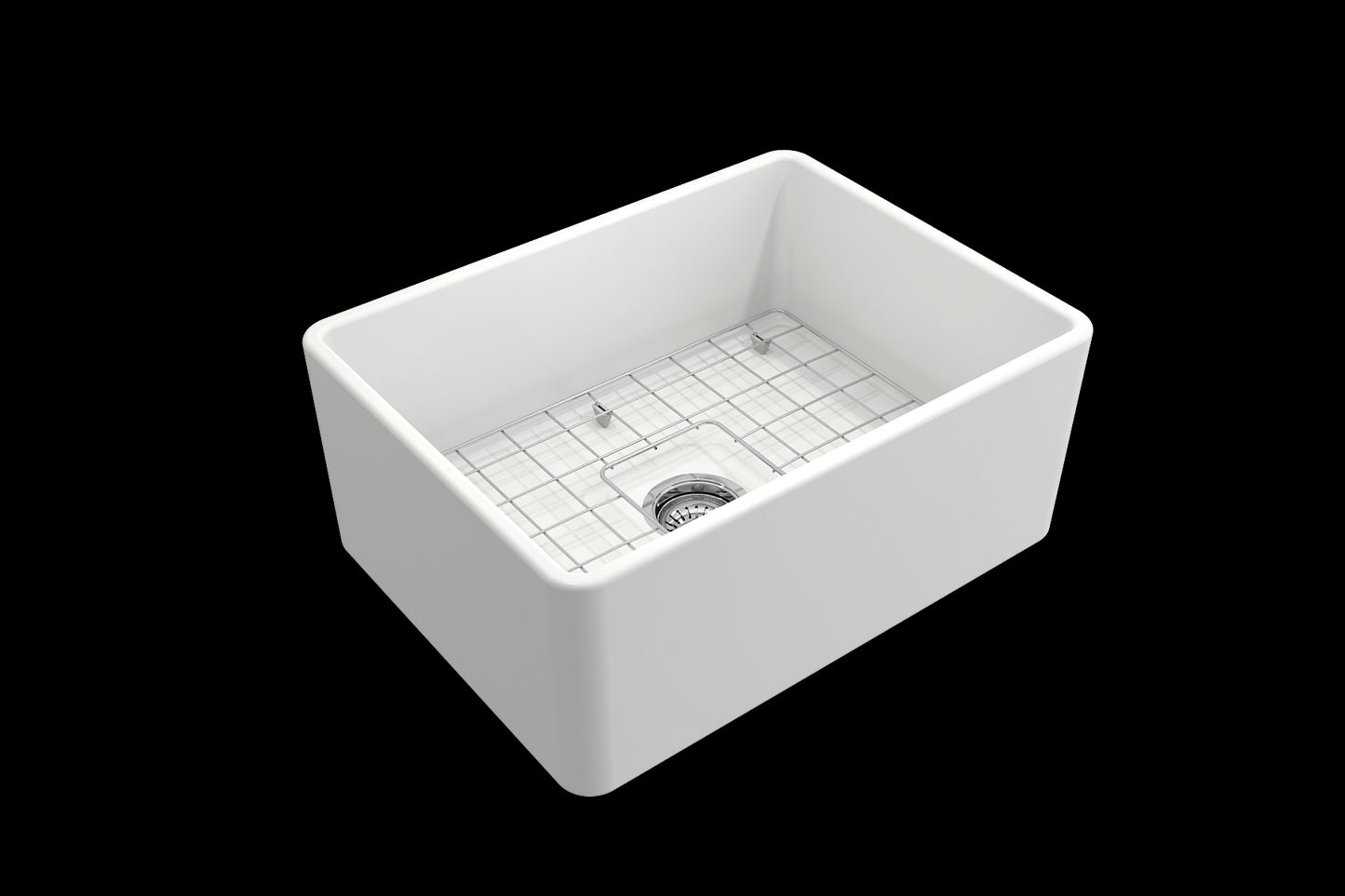 BOCCHI CLASSICO 24" Fireclay Farmhouse Single Bowl Kitchen Sink with protective bottom grid and strainer