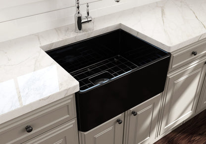 BOCCHI Classico 24" Fireclay Farmhouse Apron Single Bowl Kitchen Sink installed in a modern kitchen.