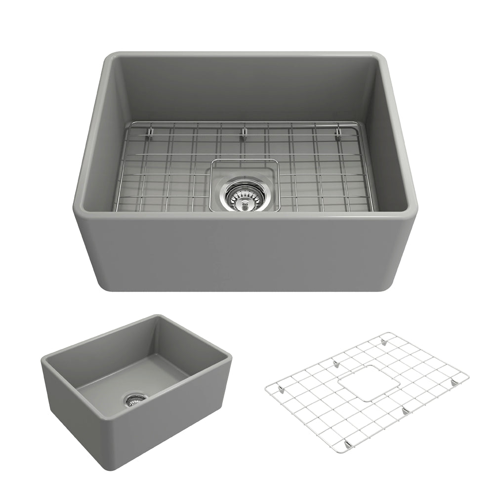 BOCCHI CLASSICO 24" Fireclay Farmhouse Single Bowl Kitchen Sink with protective bottom grid and strainer