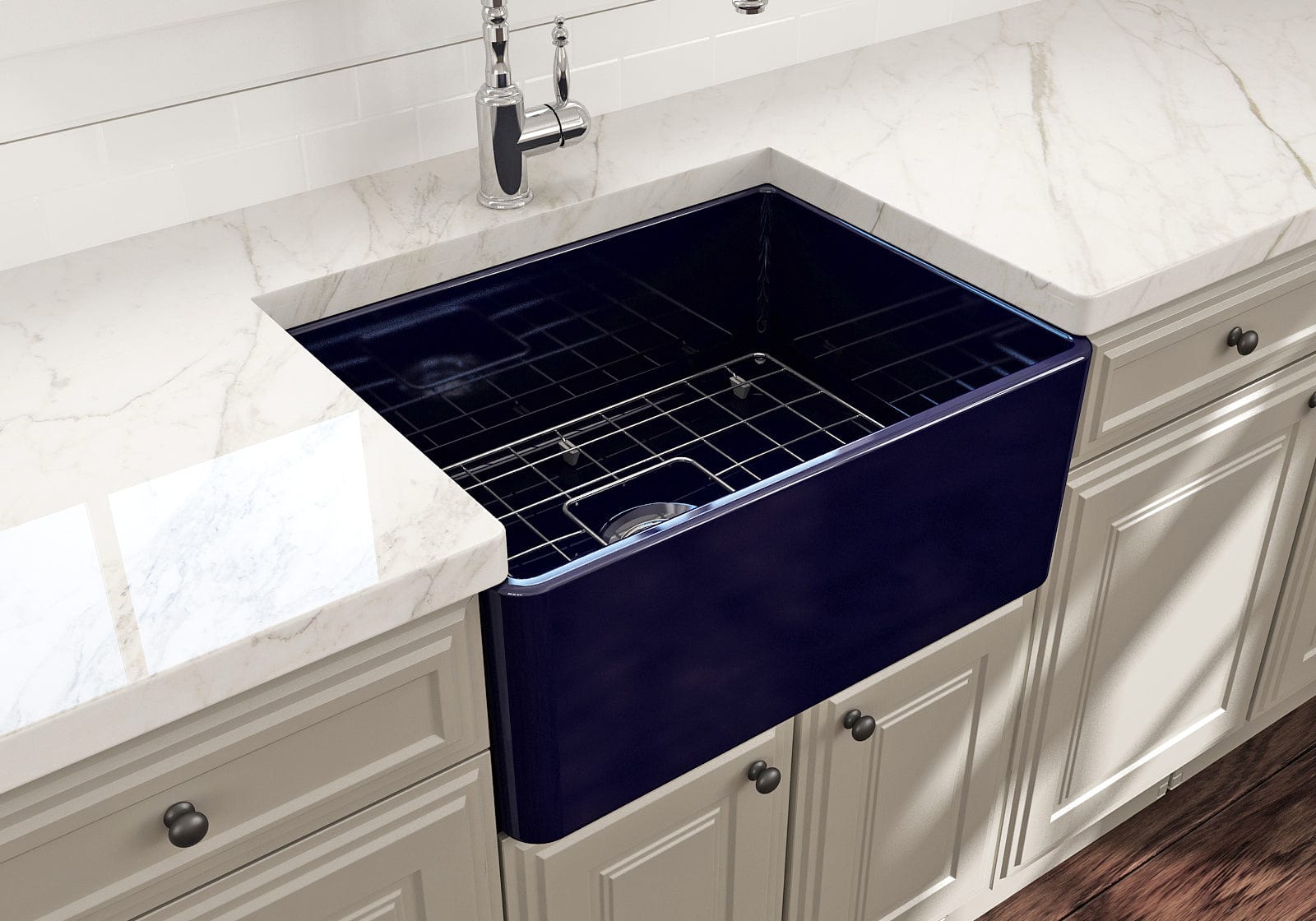 BOCCHI CLASSICO 24" Fireclay Farmhouse Single Bowl Kitchen Sink with protective bottom grid and strainer