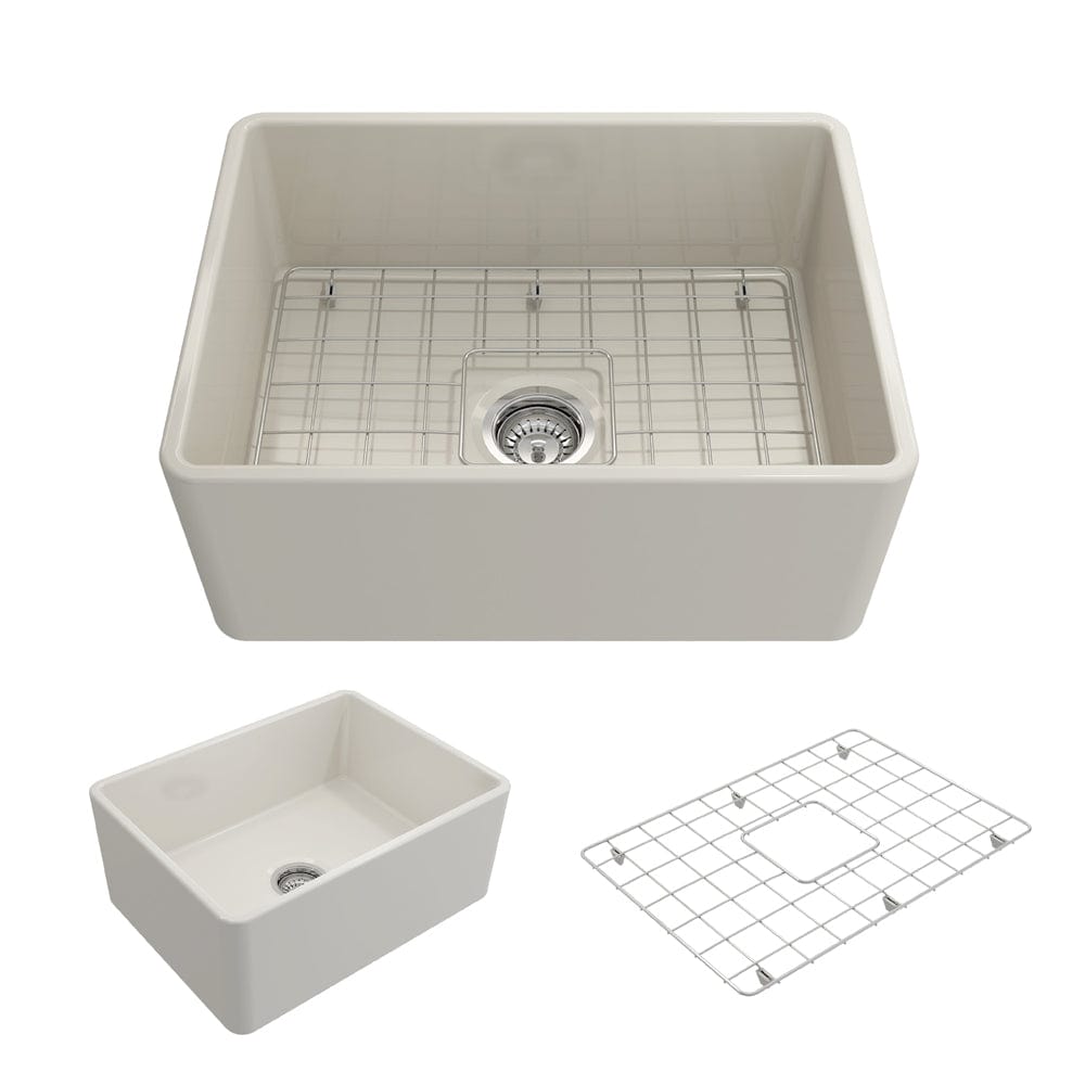 BOCCHI CLASSICO 24" Fireclay Farmhouse Single Bowl Kitchen Sink with protective bottom grid and strainer