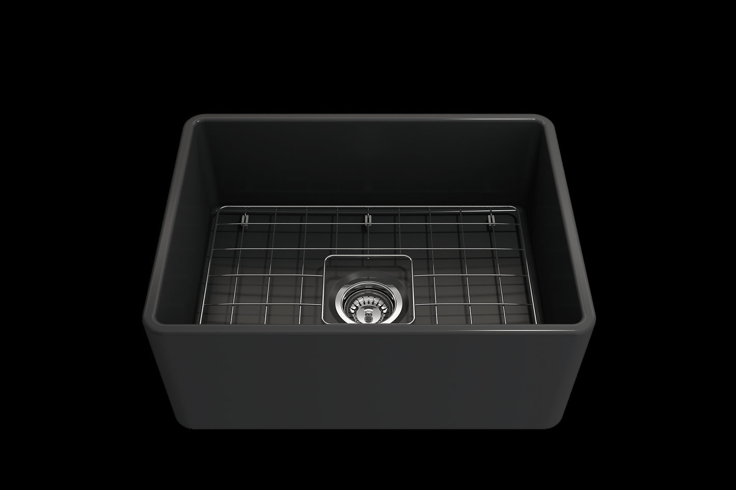 BOCCHI CLASSICO 24" Fireclay Farmhouse Single Bowl Kitchen Sink with protective bottom grid and strainer