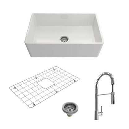 BOCCHI CLASSICO 30" Fireclay Kitchen Sink with Protective Bottom Grid and Strainer with Livenza 2.0 Faucet