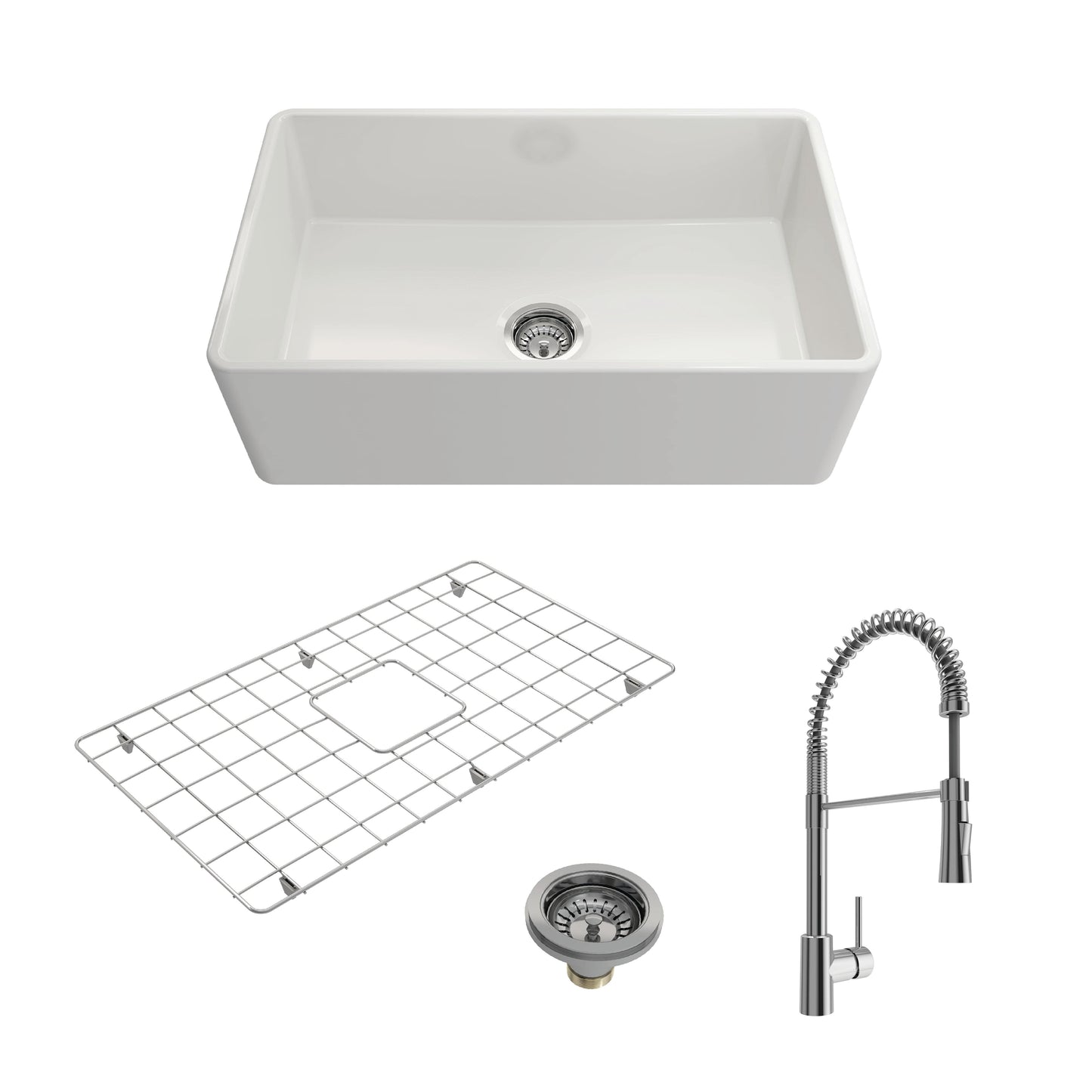 BOCCHI CLASSICO 30" Single Bowl Fireclay Farmhouse Sink w/ Grid, Strainer & Livenza Faucet in white with chrome finish