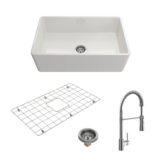 BOCCHI CLASSICO 30" Single Bowl Fireclay Farmhouse Sink w/ Grid, Strainer & Livenza Faucet in white with chrome finish
