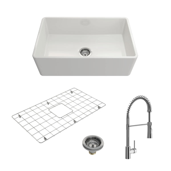 BOCCHI CLASSICO 30 Fireclay Kitchen Sink with Protective Bottom Grid and Strainer with Livenza 2.0 Faucet